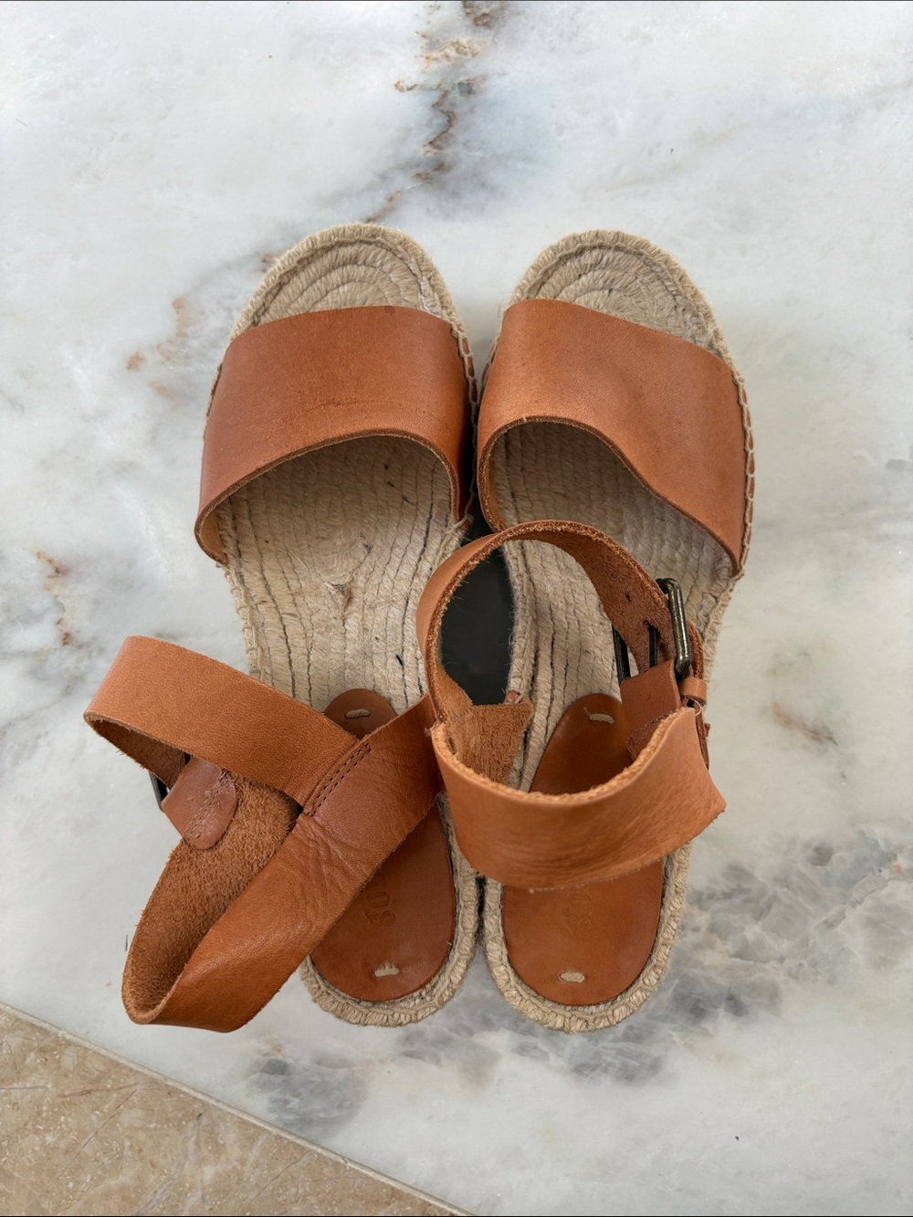 Soludos Brown Leather Espadrille Slide Sandals with Ankle Strap